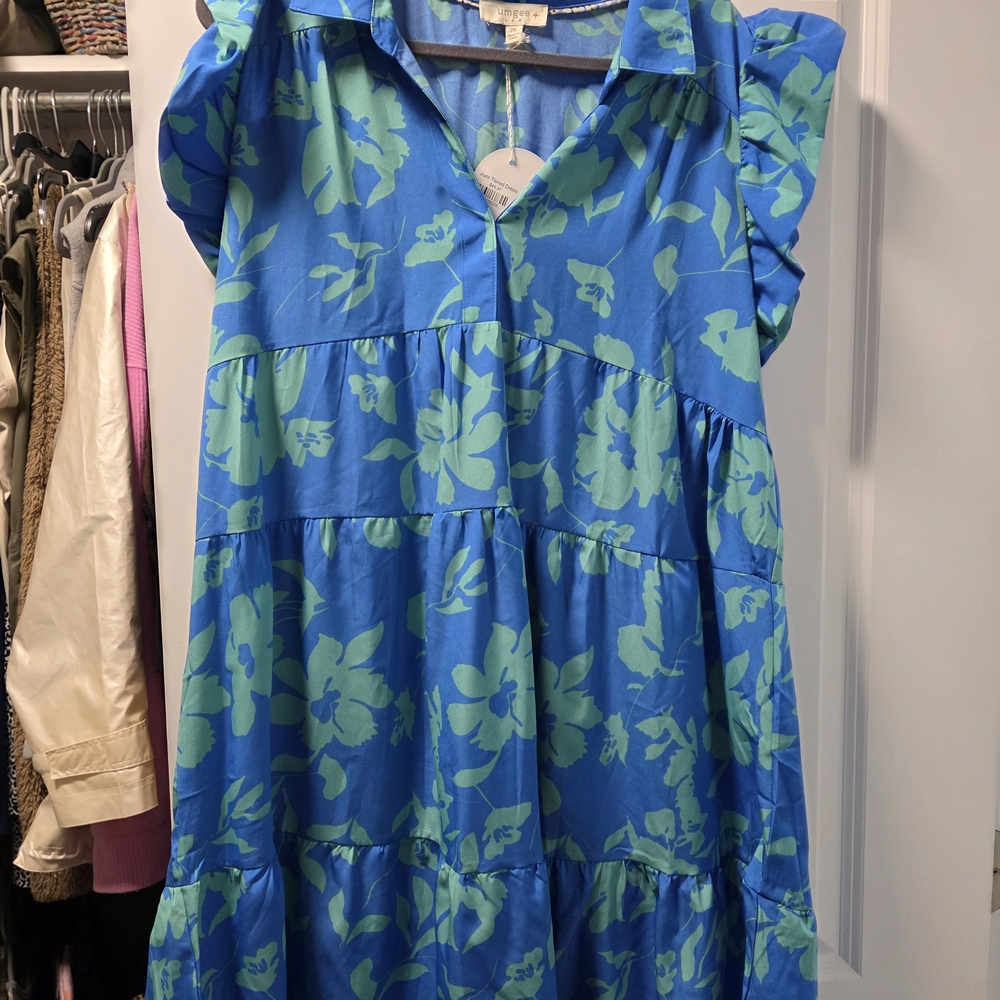 Umgee Blue Dress with Mint Green Floral Print